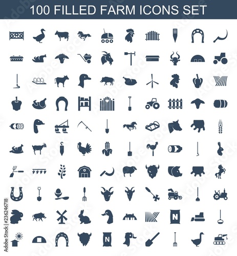 farm icons. Set of 100 filled farm icons included tractor, goose, pitchfork, shovel, bag with ground, goat, Horseshoe on white background. Editable farm icons for web, mobile and infographics.