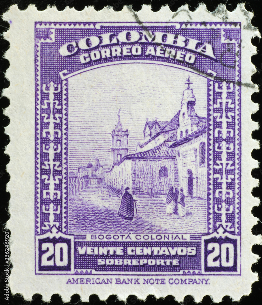 Colonial Bogota on old colombian postage stamp