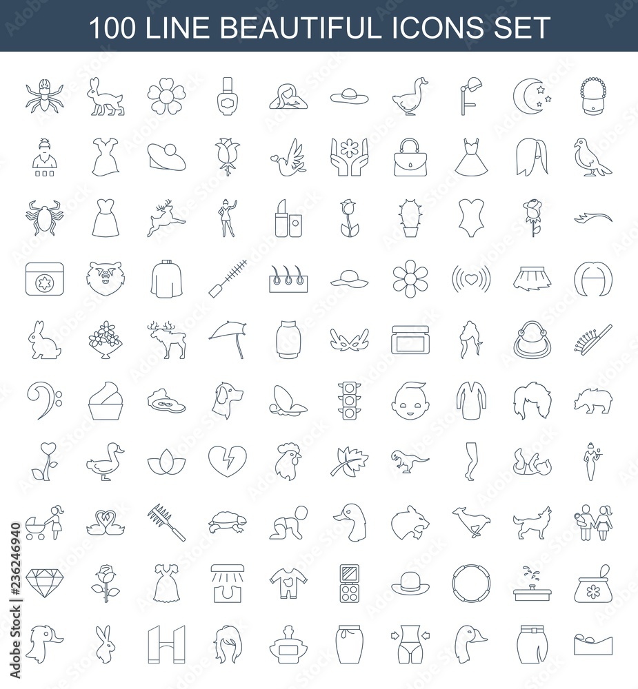 beautiful icons. Set of 100 line beautiful icons included spa stone, skirt, goose, slim, perfume, woman hairstyle on white background. Editable beautiful icons for web, mobile and infographics.