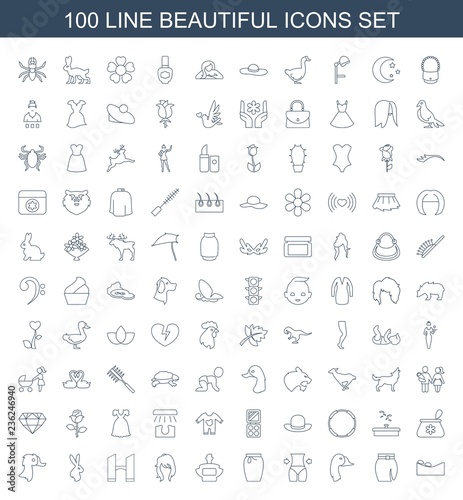 beautiful icons. Set of 100 line beautiful icons included spa stone, skirt, goose, slim, perfume, woman hairstyle on white background. Editable beautiful icons for web, mobile and infographics.