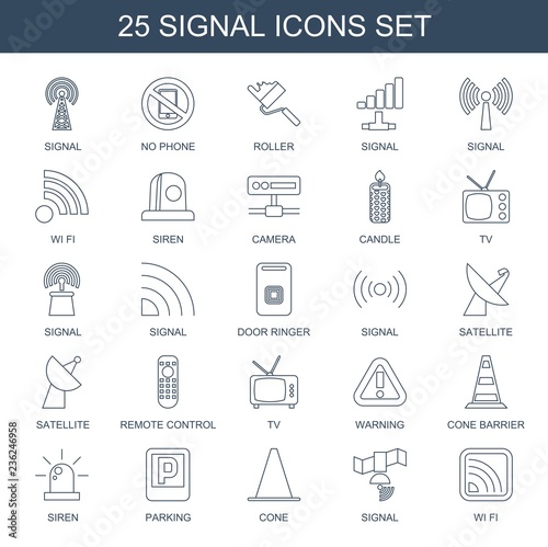 signal icons. Set of 25 line signal icons included no phone, roller, wi fi, siren, camera, candle, TV, door ringer on white background. Editable signal icons for web, mobile and infographics.