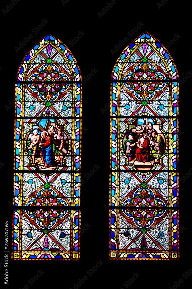 Munster. Les vitraux de l'église catholique Saint Léger . Alsace. Haut-Rhin. Grand Est	