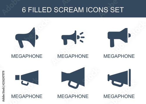 scream icons. Set of 6 filled scream icons included megaphone on white background. Editable scream icons for web, mobile and infographics.