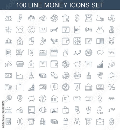 money icons. Set of 100 line money icons included dollar, case, money in atm, Money sack, Slot machine, move on map on white background. Editable money icons for web, mobile and infographics.