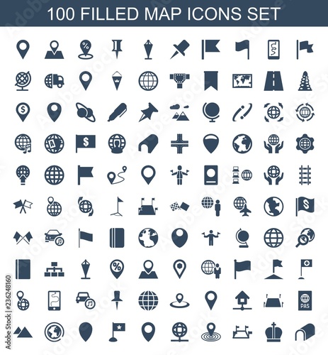 map icons. Set of 100 filled map icons included tunnel, crown, locations, map location, globe, location, flag on white background. Editable map icons for web, mobile and infographics.