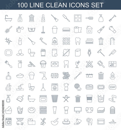 clean icons. Set of 100 line clean icons included soap, cream box, dental care, liquid soap, baby napkin, bucket on white background. Editable clean icons for web, mobile and infographics.