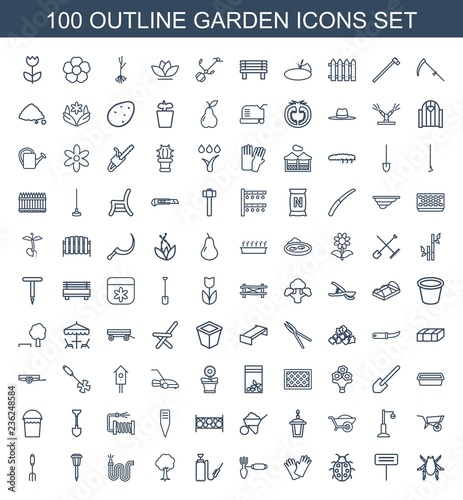 garden icons. Set of 100 outline garden icons included beetle, gardening tool, ladybug, gloves, harden hose on white background. Editable garden icons for web, mobile and infographics.