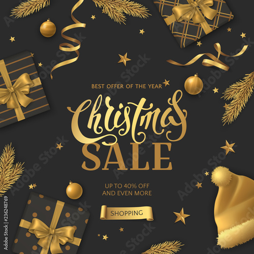 Vector Christmas sale banner with realistic symbol of celebration (golden fir branches, gift box, Santa’s hat, stars, gold ribbons, toy). Festive dark background for luxury flyers with discount offers