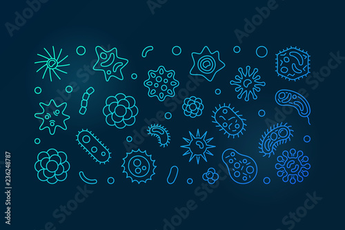 Microorganisms vector blue creative horizontal illustration. Bacteria and pathogen concept banner on dark background