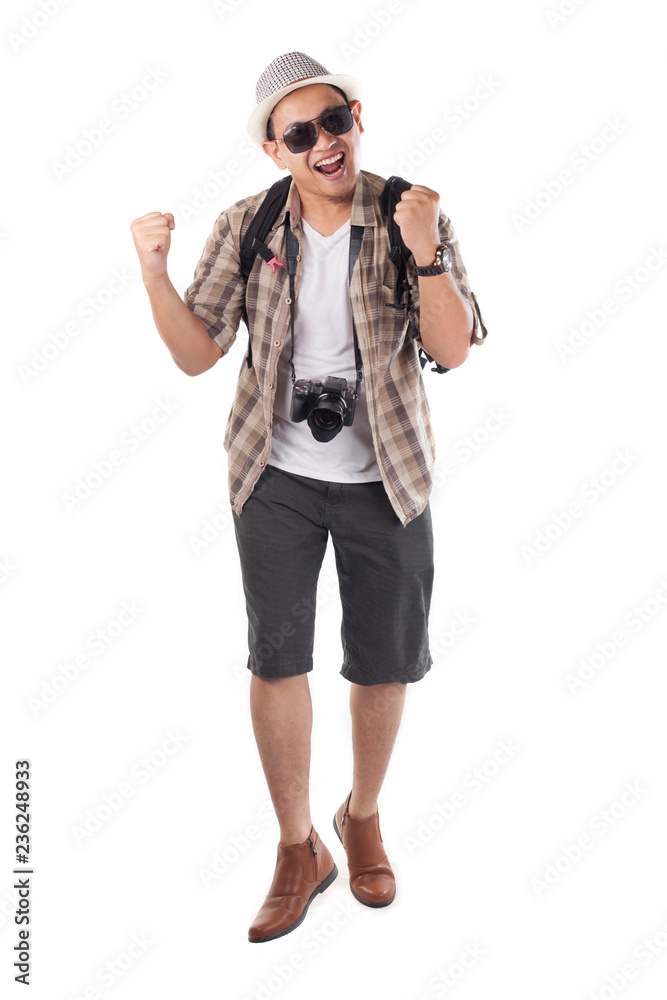 Traveling People Isolated on White. Male Backpacker Tourist Happy Winning Gesture Traveling People Isolated on White. Male Backpacker Tourist Happy Winning Gesture