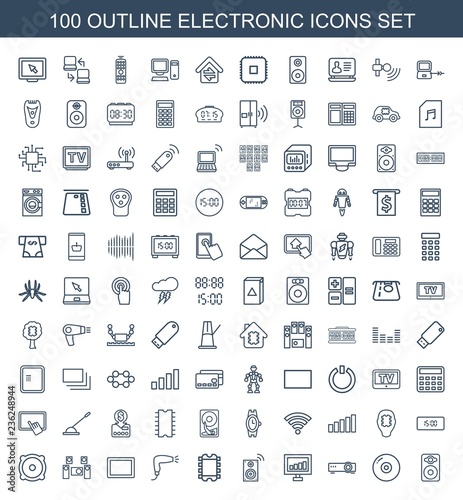electronic icons. Set of 100 outline electronic icons included speaker, disc, router, al, music loudspeaker on white background. Editable electronic icons for web, mobile and infographics.