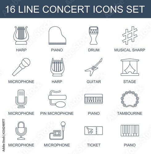 concert icons. Set of 16 line concert icons included harp  piano  drum  musical sharp  microphone  guitar on white background. Editable concert icons for web  mobile and infographics.