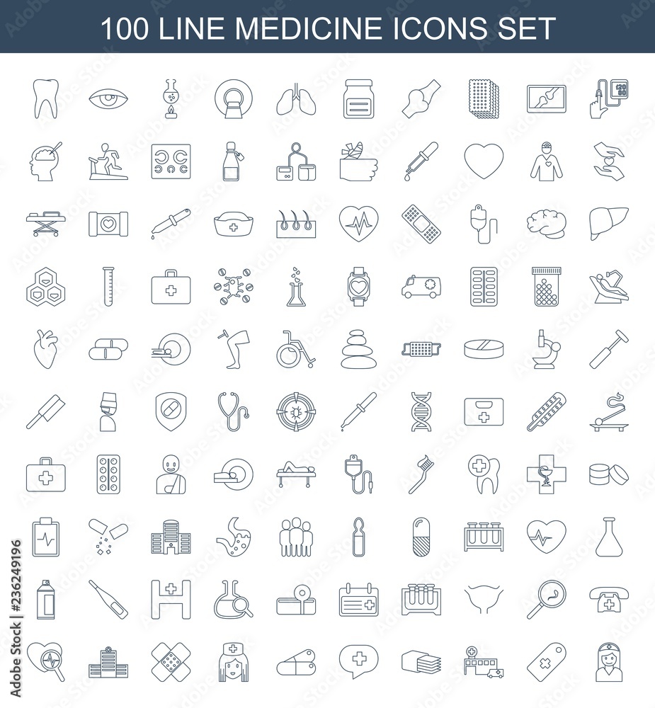 medicine icons. Set of 100 line medicine icons included nurse, medical cross tag, hospital, bandage, medical cross on white background. Editable medicine icons for web, mobile and infographics. medicine icons. Set of 100 line medicine icons included nurse, medical cross tag, hospital, bandage, medical cross on white background. Editable medicine icons for web, mobile and infographics.