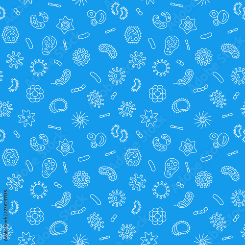 Blue microbiology vector seamless pattern or background in thin line style