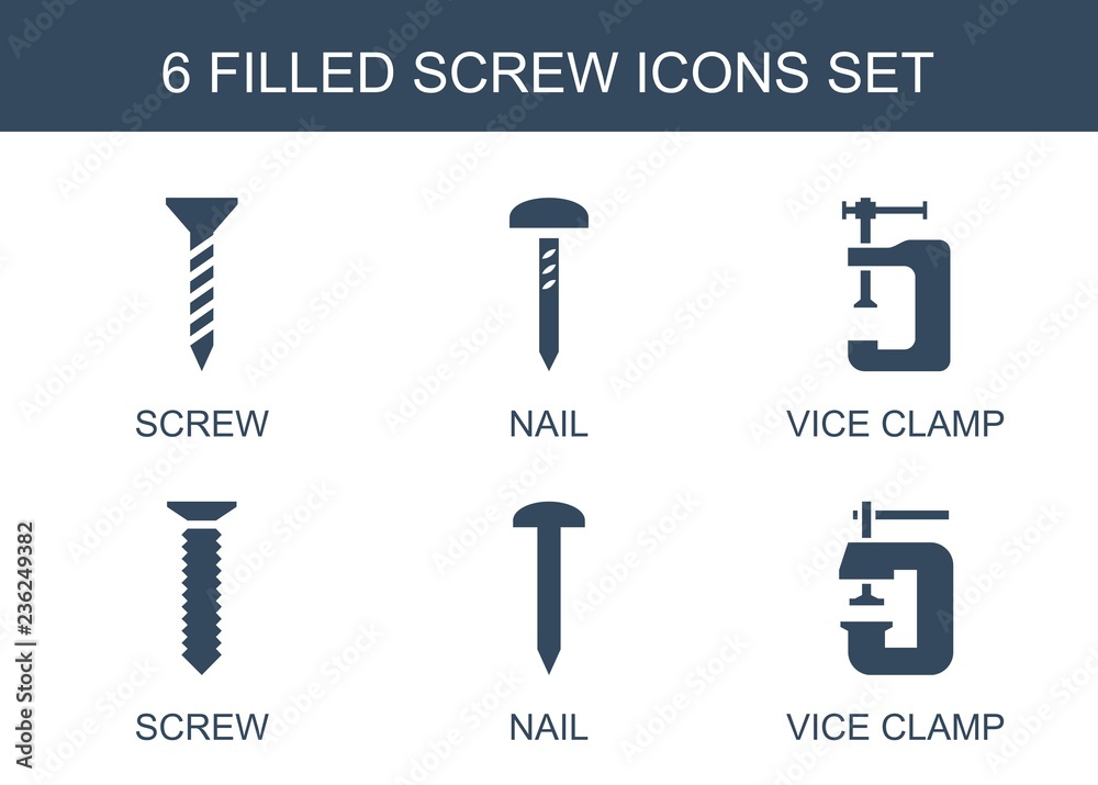 screw icons. Set of 6 filled screw icons included nail, vice clamp on white background. Editable screw icons for web, mobile and infographics. screw icons. Set of 6 filled screw icons included nail, vice clamp on white background. Editable screw icons for web, mobile and infographics.