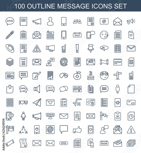 message icons. Set of 100 outline message icons included letter, room tag, pointing on document, paper, open on white background. Editable message icons for web, mobile and infographics.