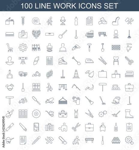 work icons. Set of 100 line work icons included gear, group, screwdriver, barrier, man with luggage, chainsaw on white background. Editable work icons for web, mobile and infographics.
