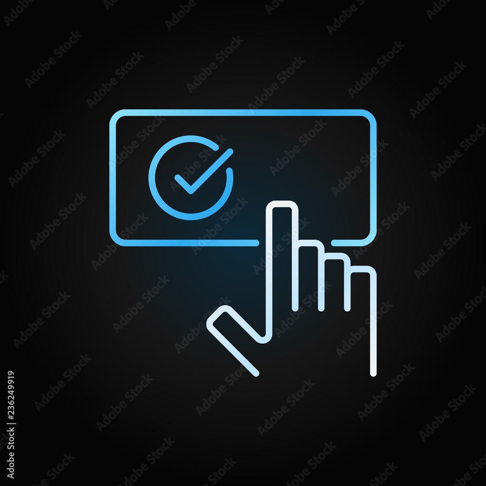 Hand on check mark button creative outline vector icon or logo element on dark background Hand on check mark button creative outline vector icon or logo element on dark background