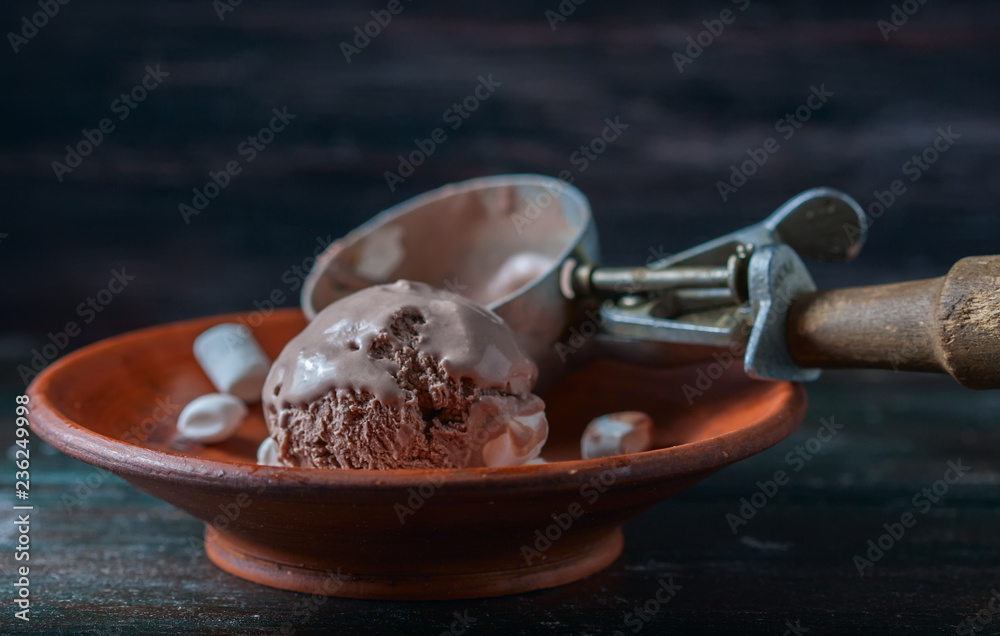 Fototapeta premium Homemade chocolate ice cream with marshmallow on rustic wooden background