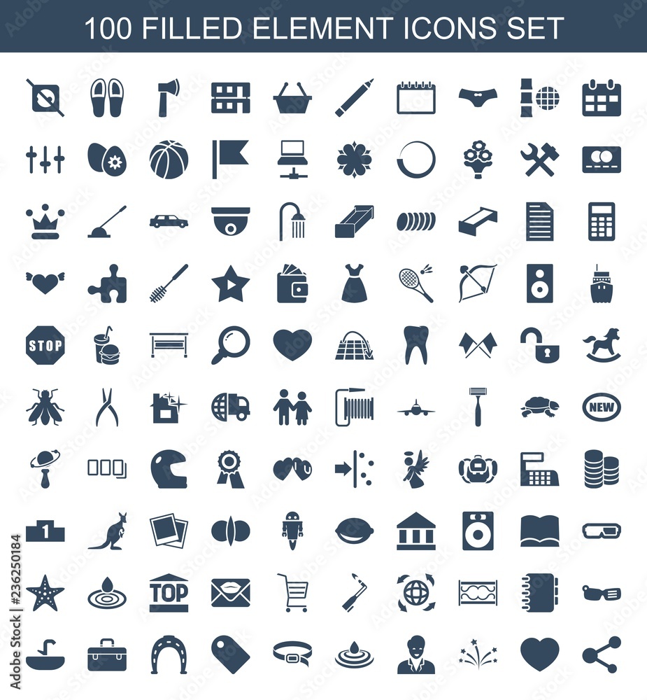 element icons. Set of 100 filled element icons included share, gear ...
