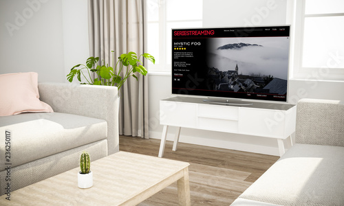 streaming series television sofa in scandinavian living room photo