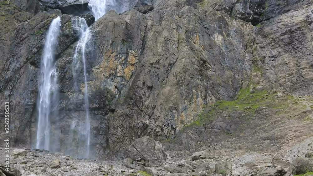 Slow motion footage of the Gavarnie waterfall in Pyrenees Mountains.