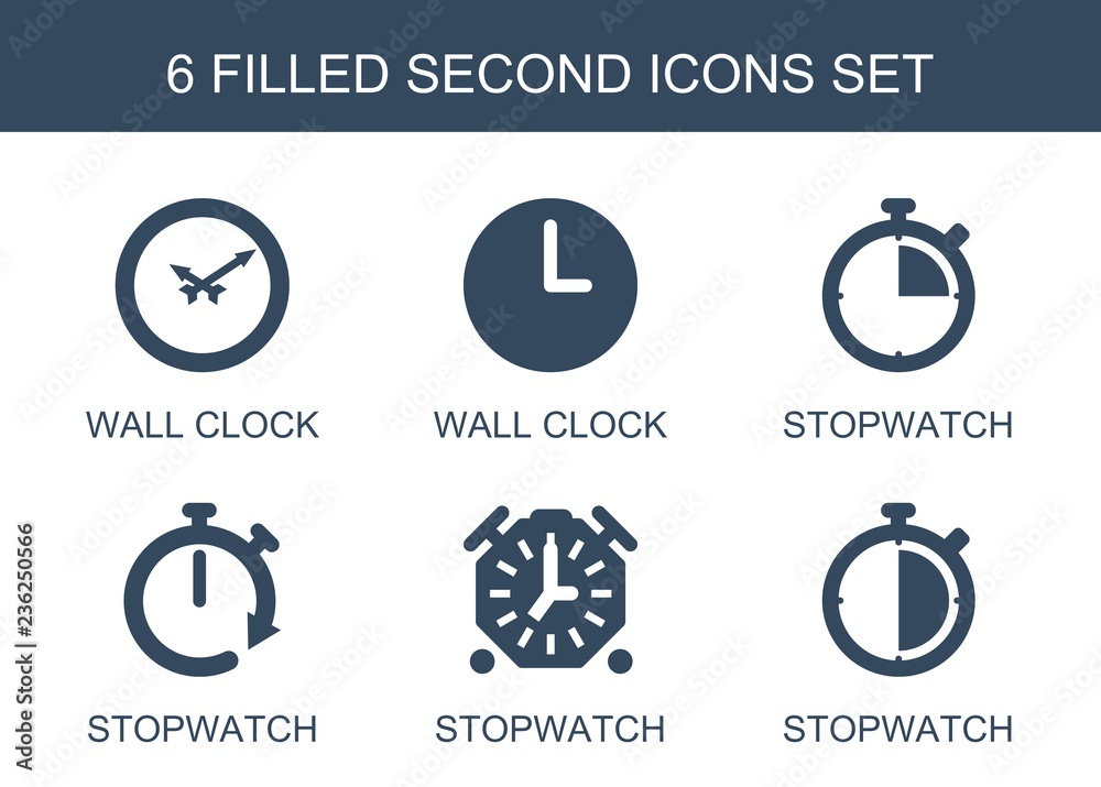 second icons. Set of 6 filled second icons included wall clock, stopwatch on white background. Editable second icons for web, mobile and infographics. second icons. Set of 6 filled second icons included wall clock, stopwatch on white background. Editable second icons for web, mobile and infographics.