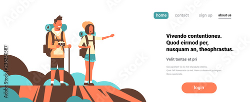 man woman tourists backpacks isolated background couple hiking horizontal banner flat copy space full length