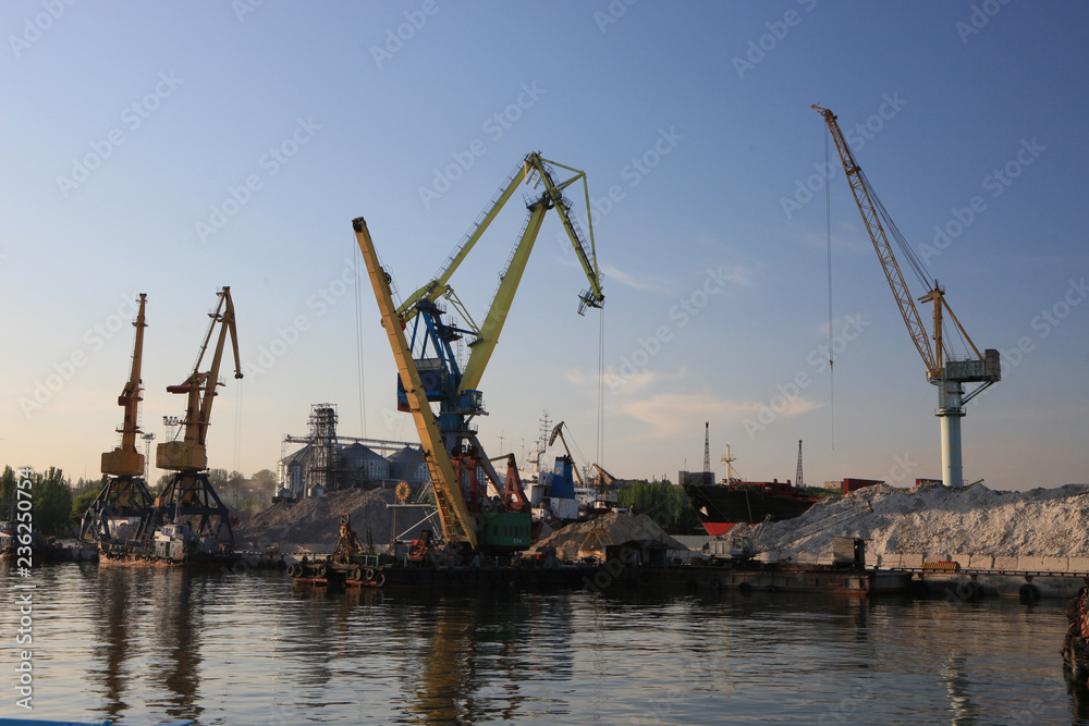 Ganrty cranes in the sea port on the coast of the Azov Sea