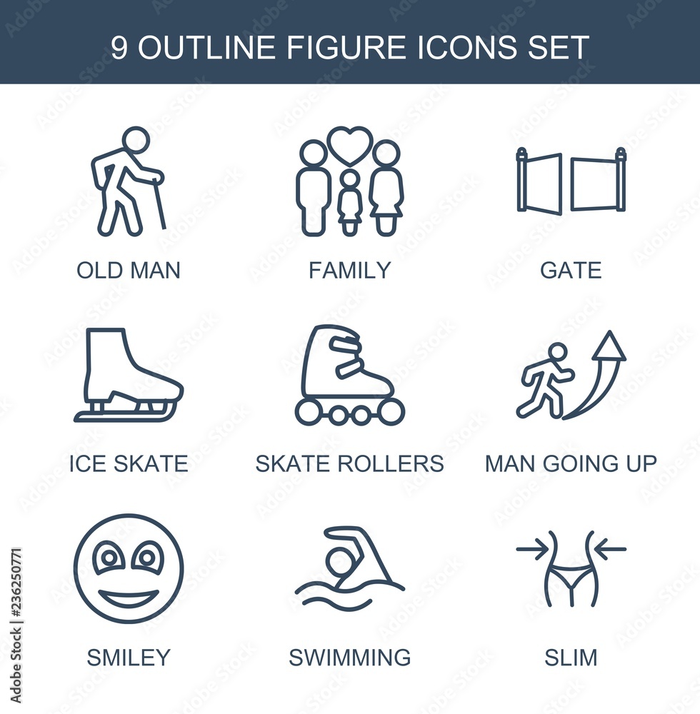 figure icons. Set of 9 outline figure icons included old man, family, gate, ice skate, skate rollers, man going up on white background. Editable figure icons for web, mobile and infographics. figure icons. Set of 9 outline figure icons included old man, family, gate, ice skate, skate rollers, man going up on white background. Editable figure icons for web, mobile and infographics.