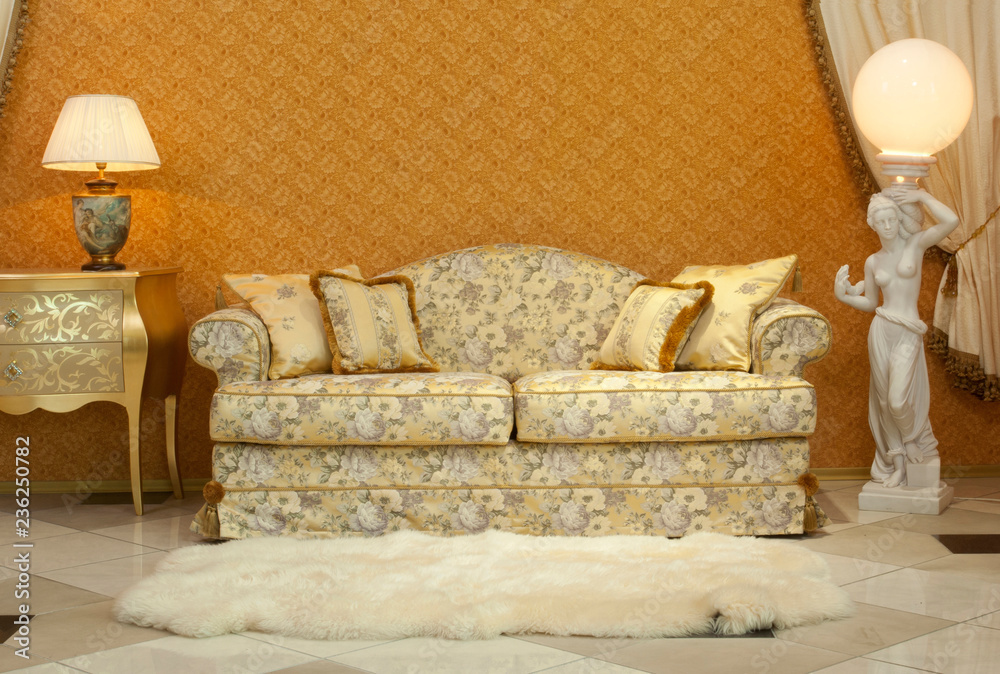 Fototapeta empty interior living room background in warm colors decorated with classic luxury furniture