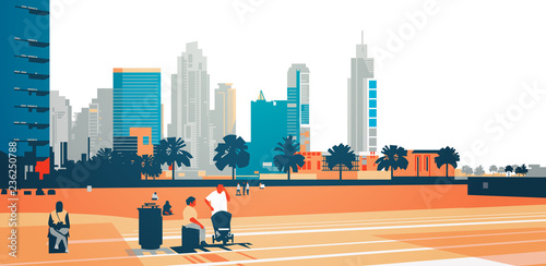 people walking relax concept over skyscraper buildings modern cityscape background flat horizontal