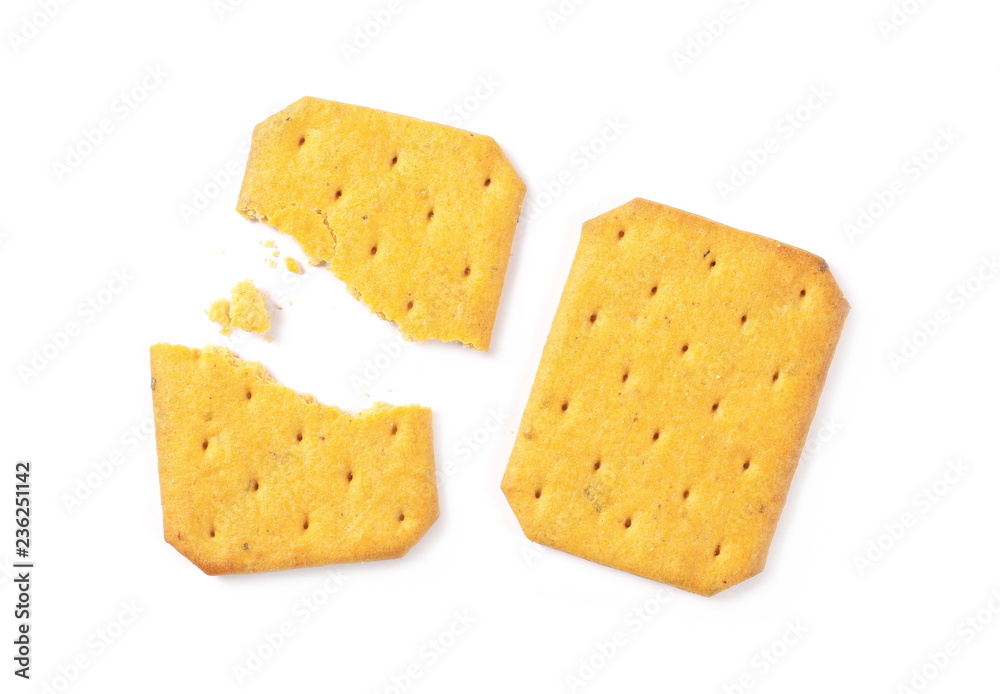 Salty crackers isolated on white background, top view Salty crackers isolated on white background, top view