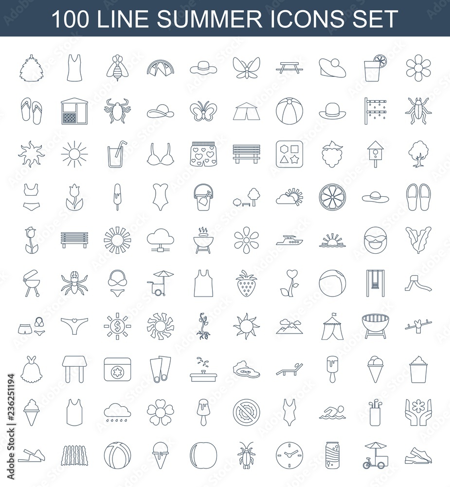 summer icons. Set of 100 line summer icons included slippers, fast food cart, soda, clock, beetle, peach, ice cream on white background. Editable summer icons for web, mobile and infographics. summer icons. Set of 100 line summer icons included slippers, fast food cart, soda, clock, beetle, peach, ice cream on white background. Editable summer icons for web, mobile and infographics.