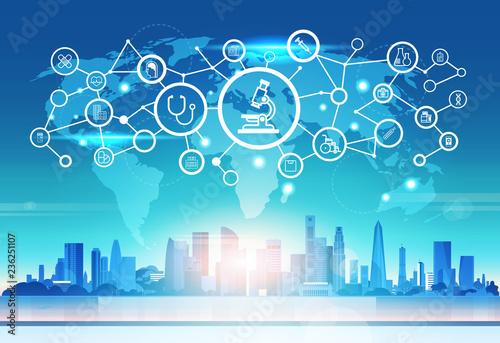world map futuristic microscope icon interface medical healthcare network connection concept cityskape sunset background flat horizontal