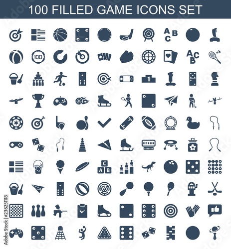 game icons. Set of 100 filled game icons included beanbag, dart, domino, dice, Dice, billiards, volleyball player on white background. Editable game icons for web, mobile and infographics.