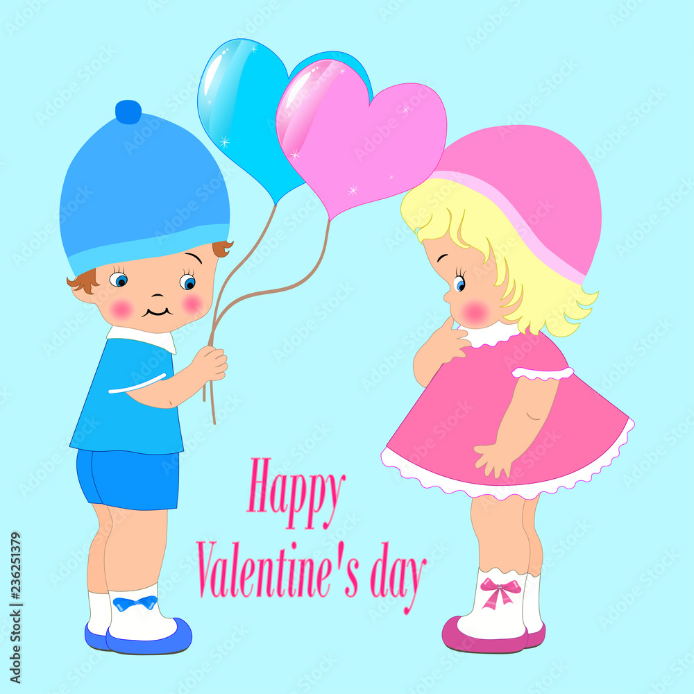 Valentines day for invitation or greeting card, cute kids, boy and girl. balloons, vector Valentines day for invitation or greeting card, cute kids, boy and girl. balloons, vector
