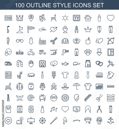 style icons. Set of 100 outline style icons included anchor, dress, bbq, razor, woman hairstyle, nailfile, umbrella on white background. Editable style icons for web, mobile and infographics.