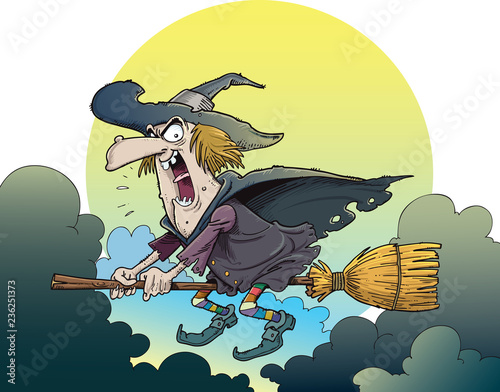 The old witch flies on a broomstick in the night sky against the background of the full moon. Vector illustration. Haloween concept