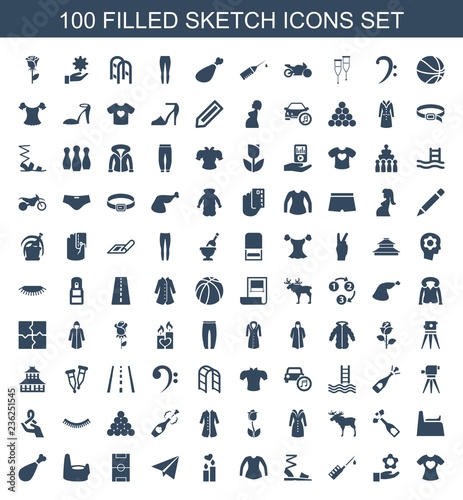 sketch icons. Set of 100 filled sketch icons included t shirt with heart, atom in hand, injection rash, sandals on white background. Editable sketch icons for web, mobile and infographics.