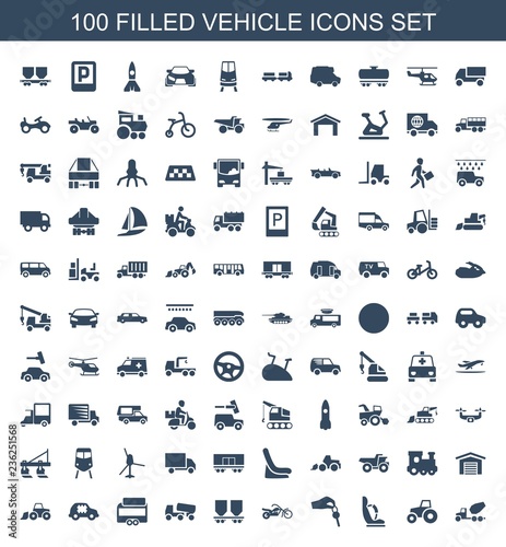 vehicle icons. Set of 100 filled vehicle icons included concrete mixer, tractor, baby seat in car, hand with key on white background. Editable vehicle icons for web, mobile and infographics.