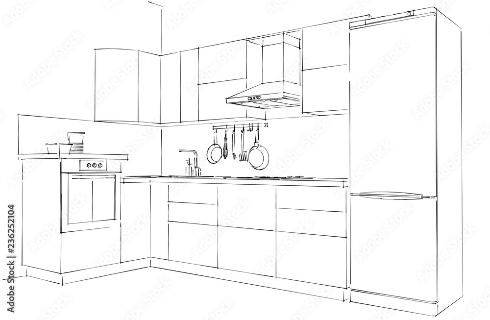Sketch of corner kitchen. 3d outline illustration. Black lines on white background.