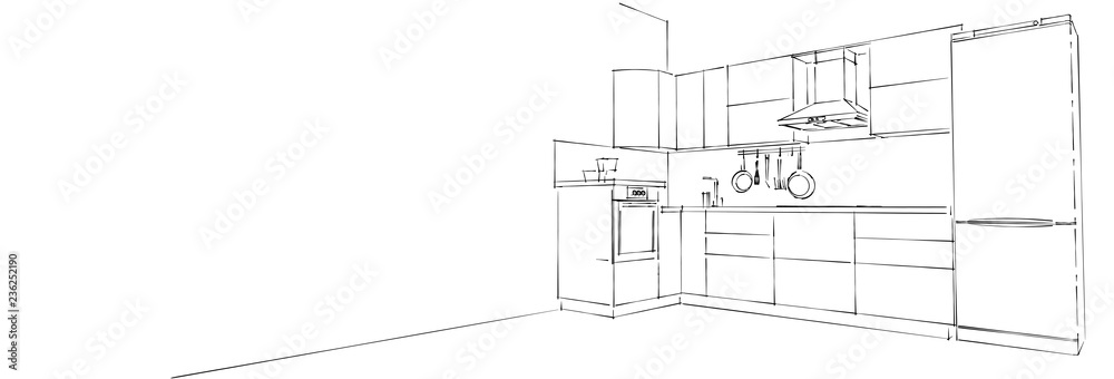 Fototapeta premium Layout illustration of contemporary L-shape corner kitchen interior on white long background. Web design template.