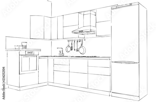 Sketch of corner kitchen. 3d outline illustration. Black lines on white background.