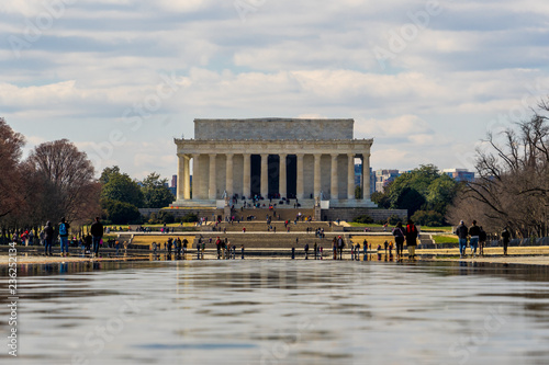 Lincoln Memorial in cloudy day and reflecting pool foreground in Washinton DC, USA