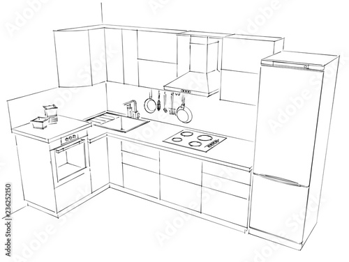 Top view of L-shape kitchen with wall-mounted chimney cooker hood. Sketch drawing.