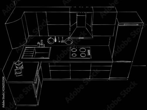 Sketch of L-shape modern style kitchen with chimney cooker hood, built in oven, electric hob, sink, tap, fridge and utensils on a hook strip. Top view. White lines on a black background.