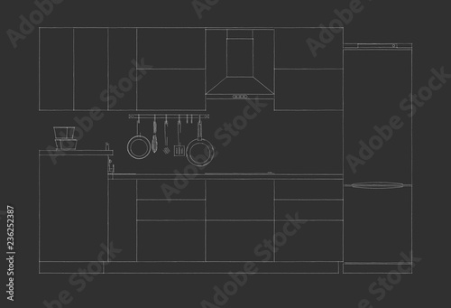 Modern kitchen facade. Outline sketch drawing on a black background. Front view.