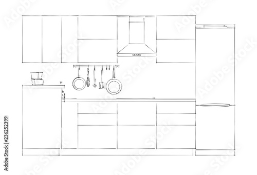 Modern kitchen facade. Outline sketch drawing on a white background. Front view.