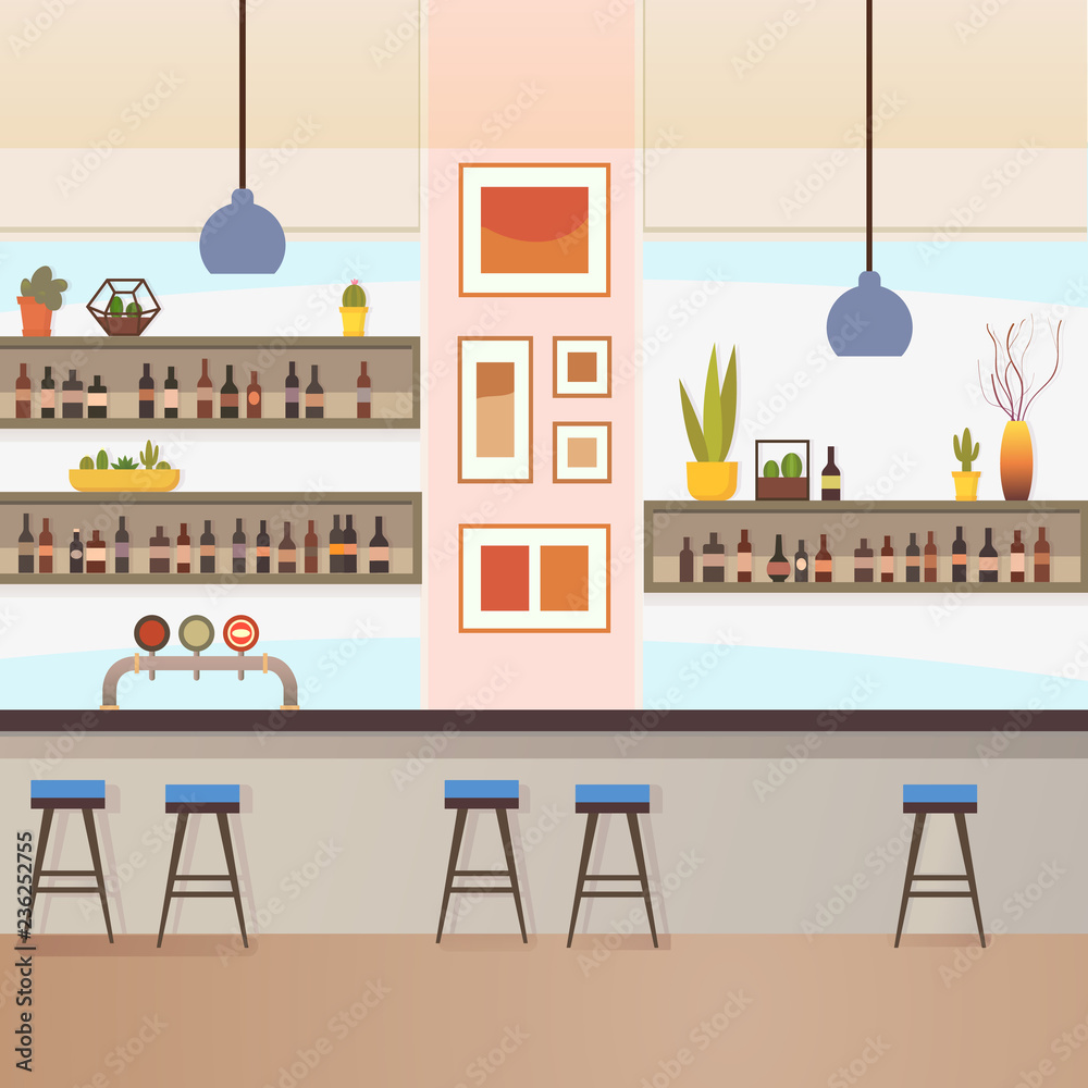 Empty Bar or Pub Interior Flat Vector Illustration